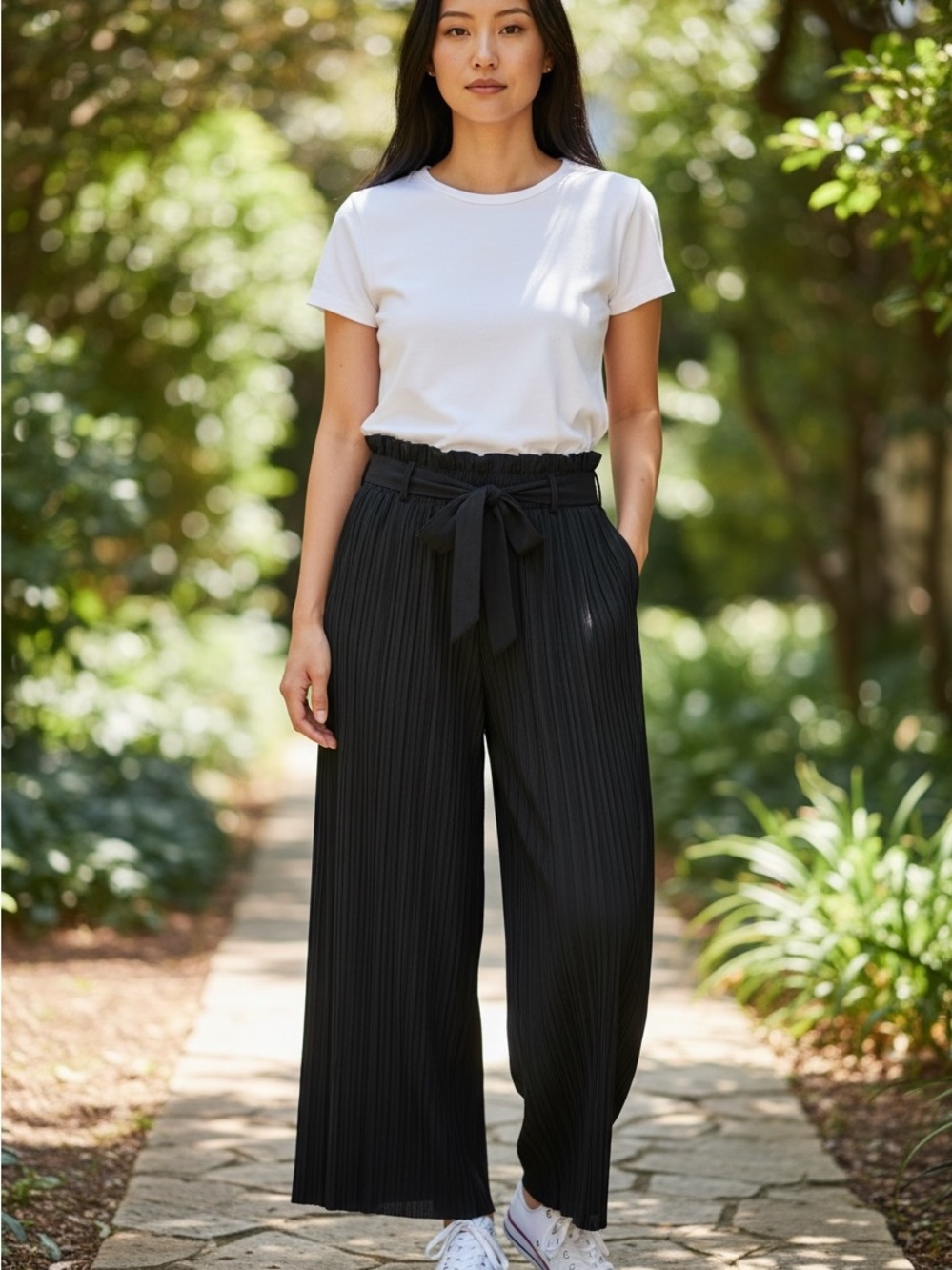 Wide Leg Pleated Paperbag Waist Pants - Black